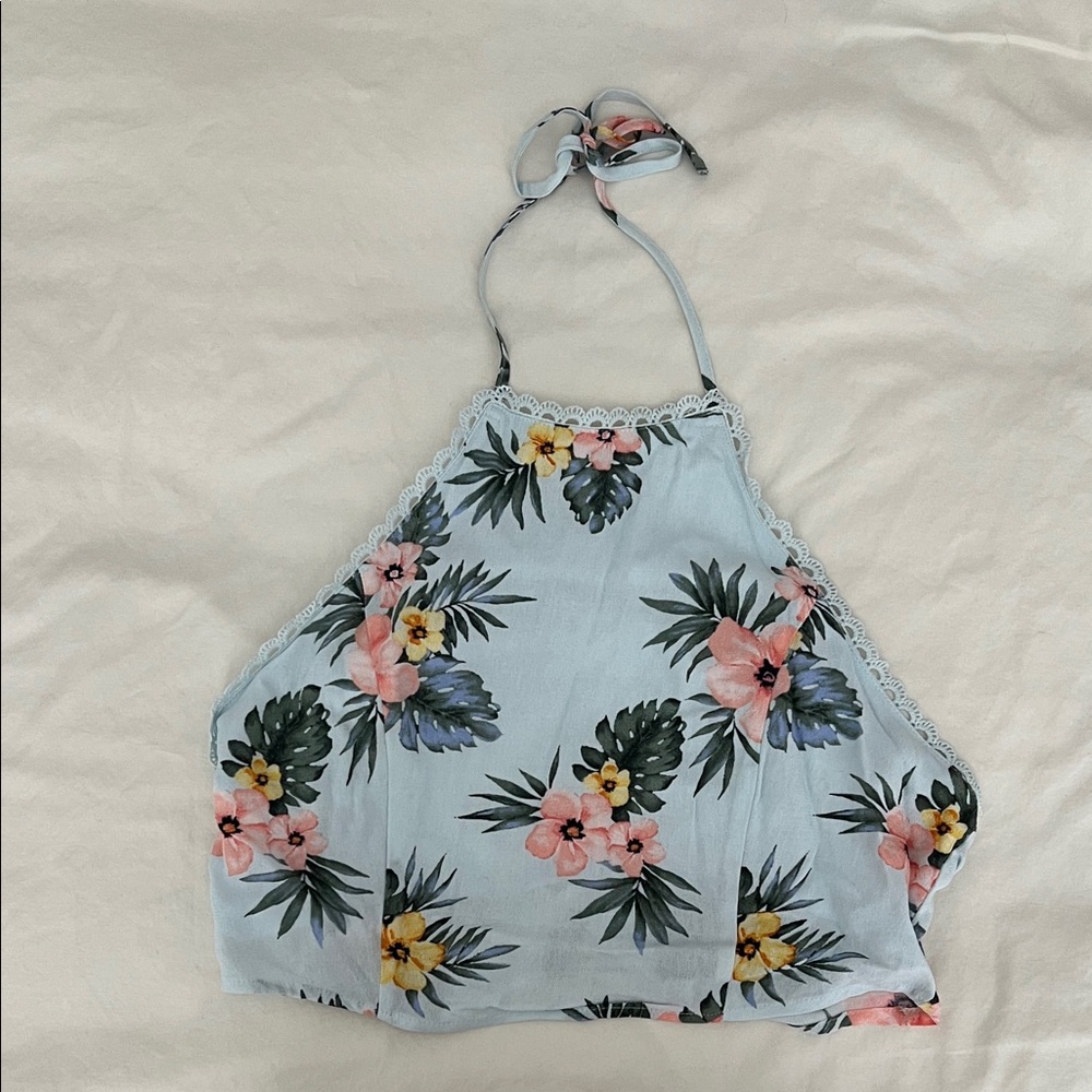 Forever 21 Floral Halter Crop Top - Blue, Pink, Yellow